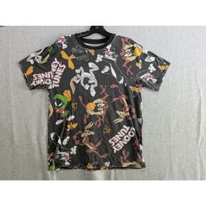 Looney Tunes All-over Character Print T-Shirt Men Medium Black Crew Neck Shirt‎
